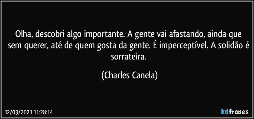 Olha, descobri algo importante. A gente vai afastando, ainda que sem querer, até de quem gosta da gente. É imperceptível. A solidão é sorrateira. (Charles Canela)