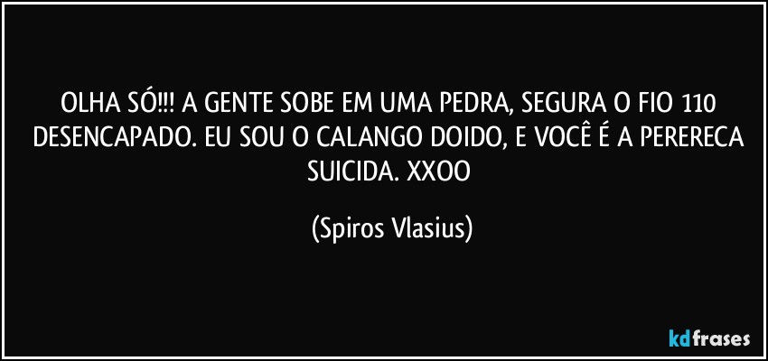 OLHA SÓ!!! A GENTE SOBE EM UMA PEDRA, SEGURA O FIO 110 DESENCAPADO. EU SOU O CALANGO DOIDO, E VOCÊ É A PERERECA SUICIDA. XXOO (Spiros Vlasius)