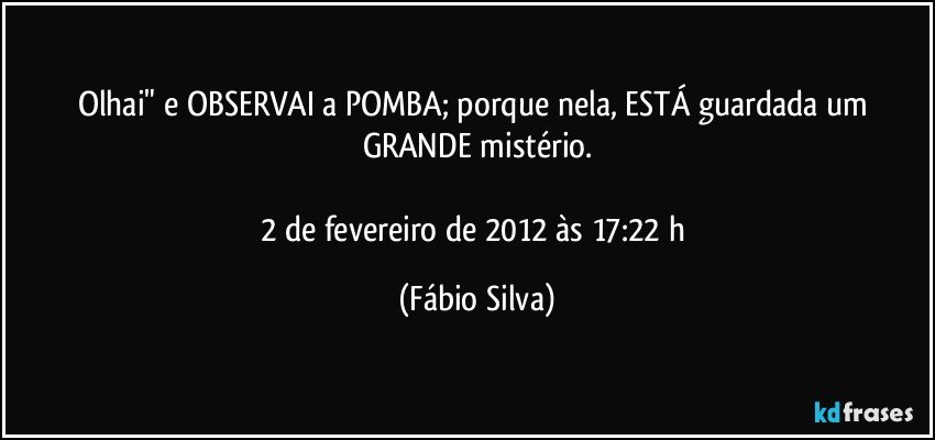 Olhai" e OBSERVAI a POMBA; porque nela, ESTÁ guardada um GRANDE mistério.

2 de fevereiro de 2012 às 17:22 h (Fábio Silva)