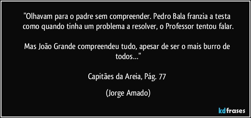 "Olhavam para o padre sem compreender. Pedro Bala franzia a testa como quando tinha um problema a resolver, o Professor tentou falar.

Mas João Grande compreendeu tudo, apesar de ser o mais burro de todos…"

Capitães da Areia, Pág. 77 (Jorge Amado)