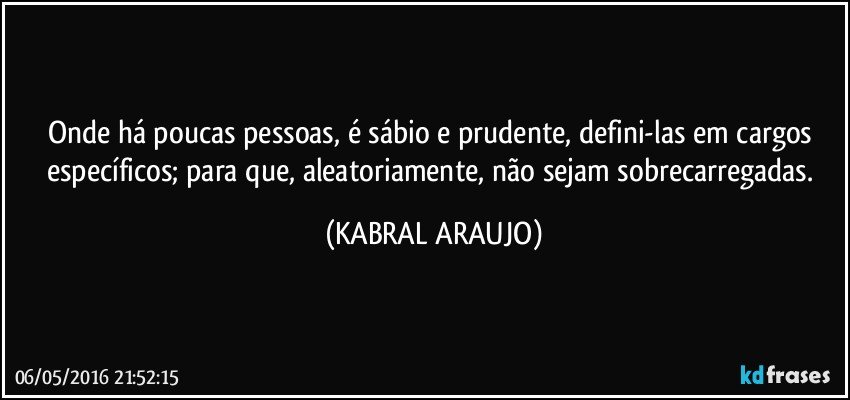 Onde há poucas pessoas, é sábio e prudente, defini-las em cargos específicos; para que, aleatoriamente, não sejam sobrecarregadas. (KABRAL ARAUJO)