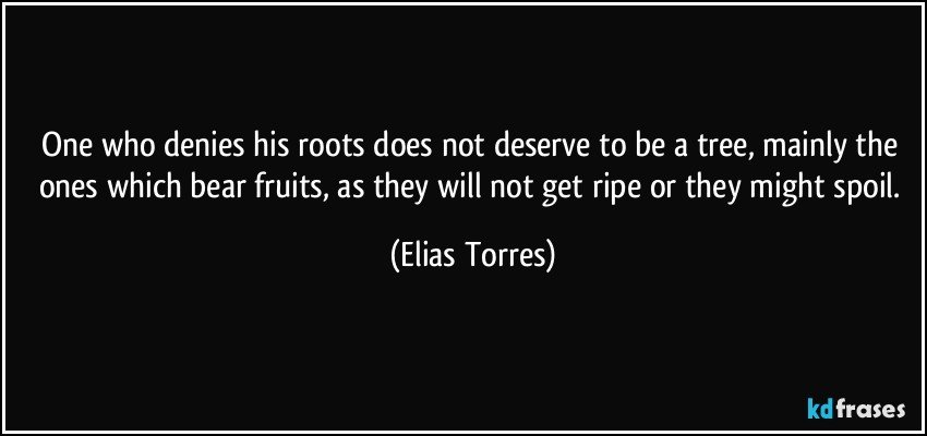 One who denies his roots does not deserve to be a tree, mainly the ones which bear fruits, as they will not get ripe or they might spoil. (Elias Torres)