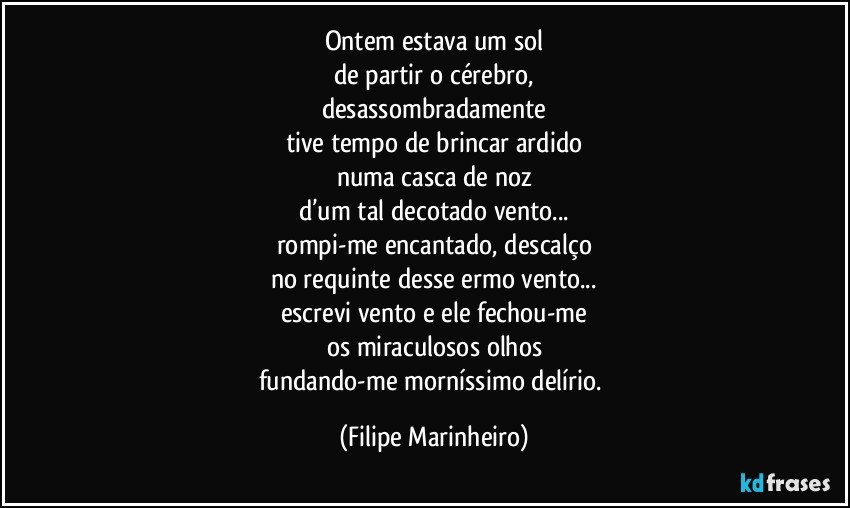 Ontem estava um sol
de partir o cérebro,
desassombradamente
tive tempo de brincar ardido
numa casca de noz
d’um tal decotado vento...
rompi-me encantado, descalço
no requinte desse ermo vento...
escrevi vento e ele fechou-me
os miraculosos olhos
fundando-me morníssimo delírio. (Filipe Marinheiro)