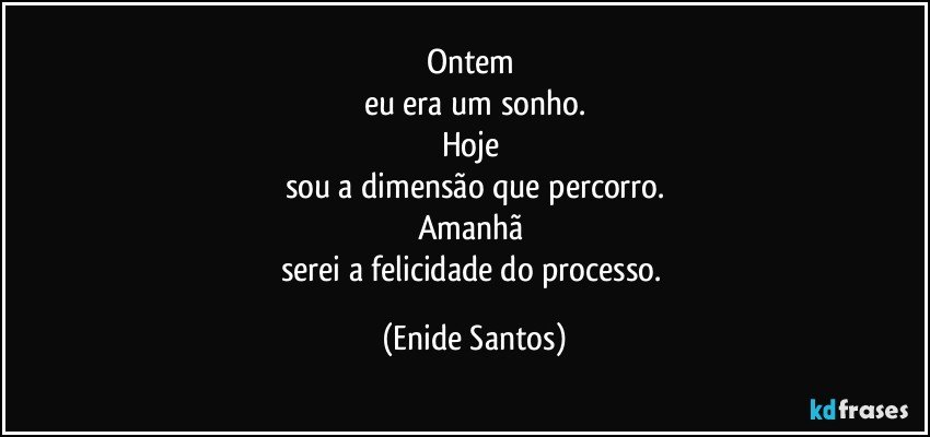 Ontem 
eu era um sonho.
Hoje 
sou a dimensão que percorro.
Amanhã 
serei a felicidade do processo. (Enide Santos)