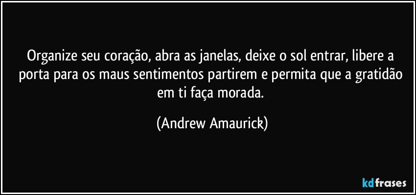 Organize seu coração, abra as janelas, deixe o sol entrar, libere a porta para os maus sentimentos partirem e permita que a gratidão em ti faça morada. (Andrew Amaurick)