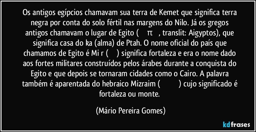 Os antigos egípcios chamavam sua terra de Kemet que significa terra negra por conta do solo fértil nas margens do Nilo. Já os gregos antigos chamavam o lugar de Egito (Αἴγυπτος, translit: Aigyptos), que significa casa do ka (alma) de Ptah. O nome oficial do país que chamamos de Egito é Miṣr (مِصر) significa fortaleza e era o nome dado aos fortes militares construídos pelos árabes durante a conquista do Egito e que depois se tornaram cidades como o Cairo. A palavra também é aparentada do hebraico Mizraim (מִצְרַיִם) cujo significado é fortaleza ou monte. (Mário Pereira Gomes)