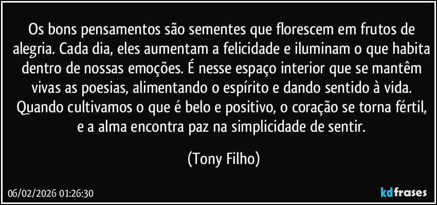Os bons pensamentos são sementes que florescem em frutos de alegria. Cada dia, eles aumentam a felicidade e iluminam o que habita dentro de nossas emoções. É nesse espaço interior que se mantêm vivas as poesias, alimentando o espírito e dando sentido à vida. Quando cultivamos o que é belo e positivo, o coração se torna fértil, e a alma encontra paz na simplicidade de sentir. (Tony Filho)