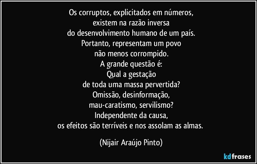 Os corruptos, explicitados em números,
existem na razão inversa
do desenvolvimento humano de um país.
Portanto, representam um povo
não menos corrompido.
A grande questão é:
Qual a gestação
de toda uma massa pervertida?
Omissão, desinformação,
mau-caratismo, servilismo?
Independente da causa,
os efeitos são terríveis e nos assolam as almas. (Nijair Araújo Pinto)