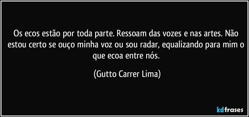 Os ecos estão por toda parte. Ressoam das vozes e nas artes. Não estou certo se ouço minha voz ou sou radar, equalizando para mim o que ecoa entre nós. (Gutto Carrer Lima)