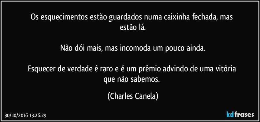 Os esquecimentos estão guardados numa caixinha fechada, mas estão lá.

Não dói mais, mas incomoda um pouco ainda.

Esquecer de verdade é raro e é um prêmio advindo de uma vitória que não sabemos. (Charles Canela)