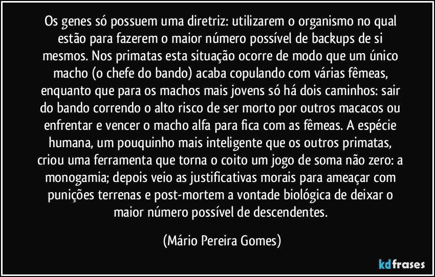 Os genes só possuem uma diretriz: utilizarem o organismo no qual estão para fazerem o maior número possível de backups de si mesmos. Nos primatas esta situação ocorre de modo que um único macho (o chefe do bando) acaba copulando com várias fêmeas, enquanto que para os machos mais jovens só há dois caminhos: sair do bando correndo o alto risco de ser morto por outros macacos ou enfrentar e vencer o macho alfa para fica com as fêmeas. A espécie humana, um pouquinho mais inteligente que os outros primatas, criou uma ferramenta que torna o coito um jogo de soma não zero: a monogamia; depois veio as justificativas morais para ameaçar com punições terrenas e post-mortem a vontade biológica de deixar o maior número possível de descendentes. (Mário Pereira Gomes)