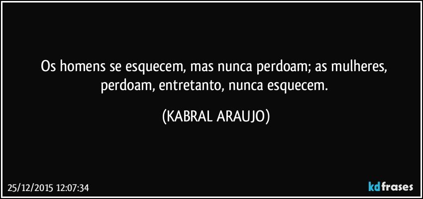 Os homens se esquecem, mas nunca perdoam; as mulheres, perdoam, entretanto, nunca esquecem. (KABRAL ARAUJO)