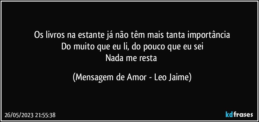 Os livros na estante já não têm mais tanta importância
Do muito que eu li, do pouco que eu sei
Nada me resta (Mensagem de Amor - Leo Jaime)