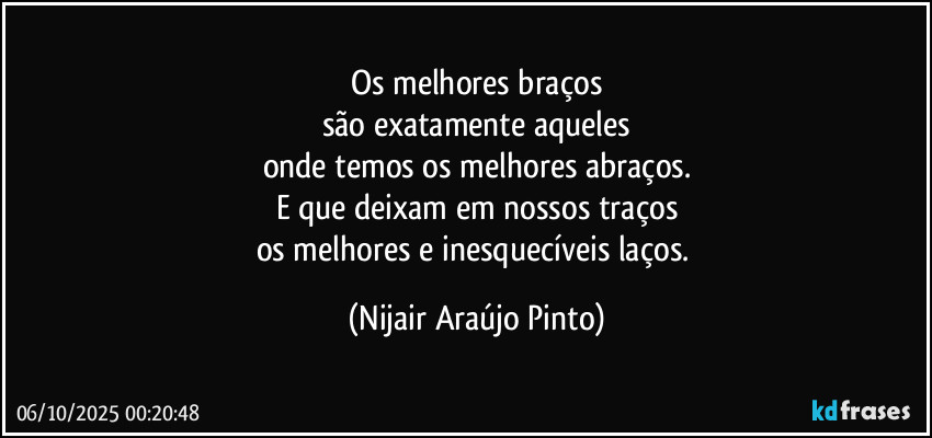 Os melhores braços
são exatamente aqueles
onde temos os melhores abraços.
E que deixam em nossos traços
os melhores e inesquecíveis laços. (Nijair Araújo Pinto)