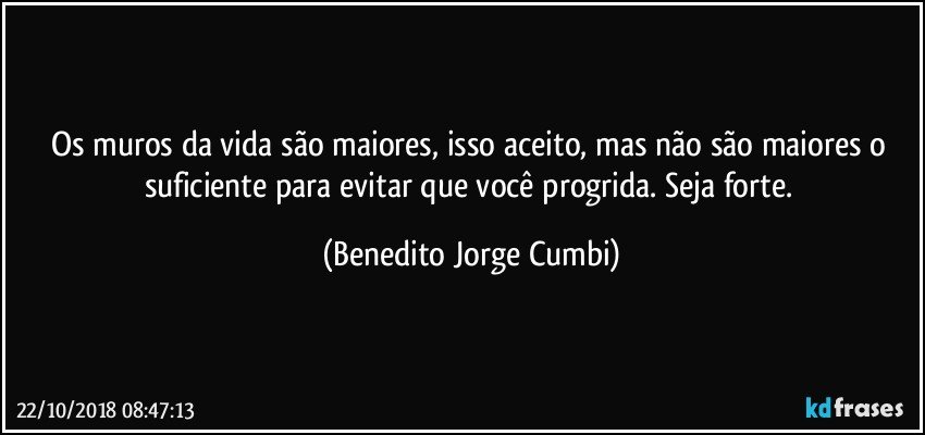 Os muros da vida são maiores, isso aceito, mas não são maiores o suficiente para evitar que você progrida. Seja forte. (Benedito Jorge Cumbi)