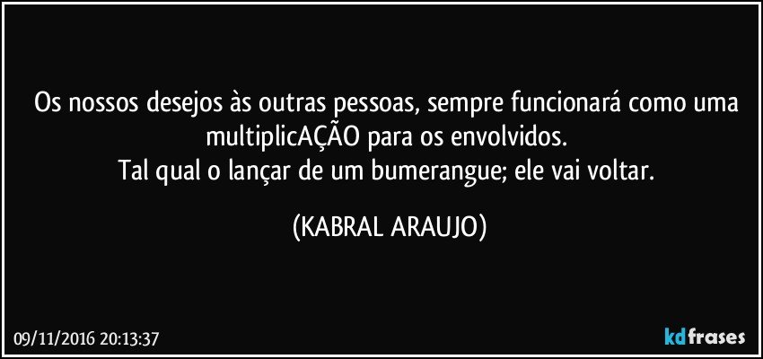Os nossos desejos às outras pessoas, sempre funcionará como uma multiplicAÇÃO para os envolvidos. 
Tal qual o lançar de um bumerangue; ele vai voltar. (KABRAL ARAUJO)
