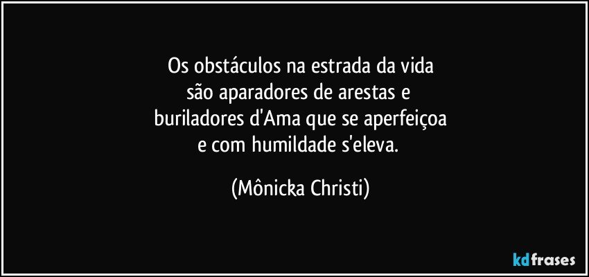 Os obstáculos na estrada da vida
são aparadores de arestas e 
buriladores d'Ama que se aperfeiçoa
e com humildade s'eleva. (Mônicka Christi)