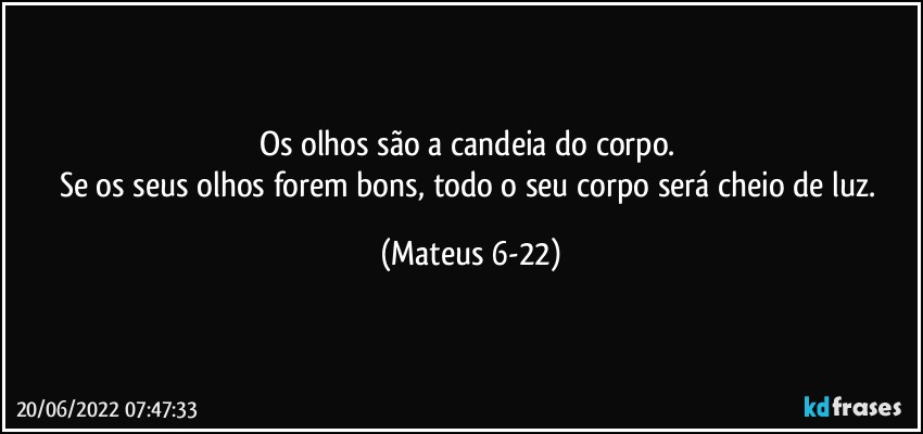 Os olhos são a candeia do corpo. 
Se os seus olhos forem bons, todo o seu corpo será cheio de luz. (Mateus 6-22)