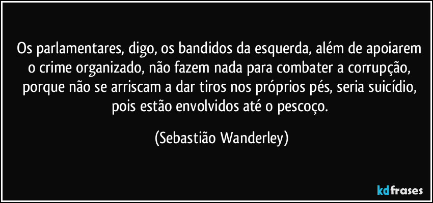 Os parlamentares, digo, os bandidos da esquerda, além de apoiarem o crime organizado, não fazem nada para combater a corrupção, porque não se arriscam a dar tiros nos próprios pés, seria suicídio, pois estão envolvidos até o pescoço. (Sebastião Wanderley)