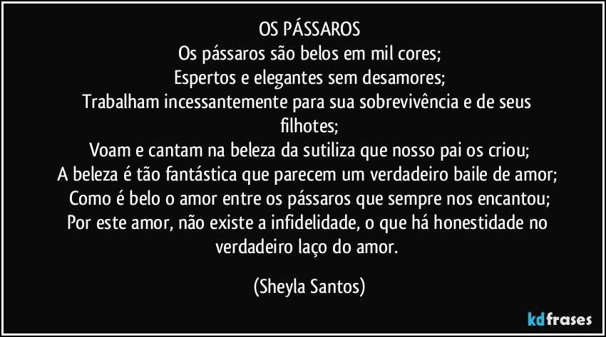 OS PÁSSAROS
Os pássaros são belos em mil cores;
Espertos e elegantes sem desamores;
Trabalham incessantemente para sua sobrevivência e de seus filhotes;
Voam e cantam na beleza da sutiliza que nosso pai os criou;
A beleza é tão fantástica que parecem um verdadeiro baile de amor; 
Como é belo o amor entre os pássaros que sempre nos encantou;
Por este amor, não existe a infidelidade, o que há honestidade no verdadeiro laço do amor. (Sheyla Santos)