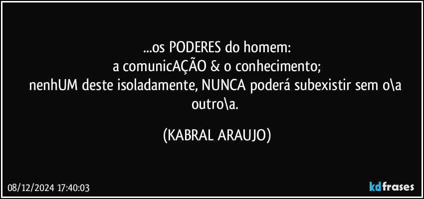 ...os PODERES do homem:
a comunicAÇÃO & o conhecimento;
nenhUM deste isoladamente, NUNCA poderá subexistir sem o\a outro\a. (KABRAL ARAUJO)