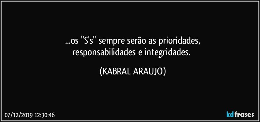 ...os "S's" sempre serão as prioridades,
responsabilidades e integridades. (KABRAL ARAUJO)