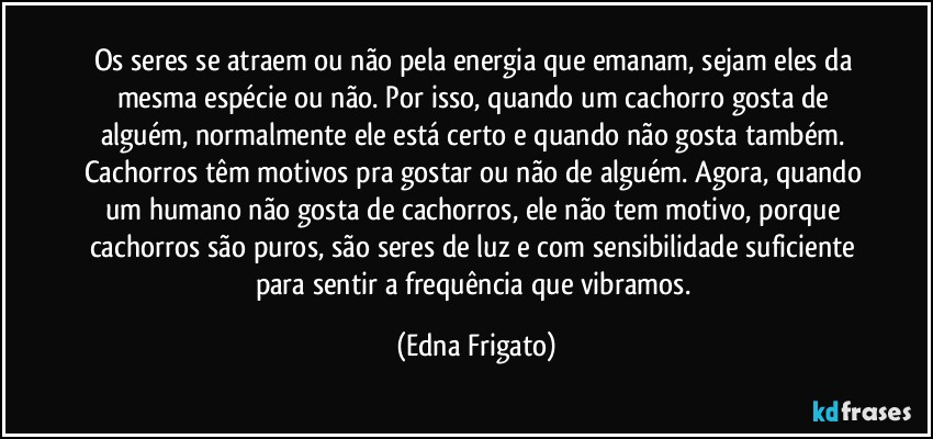 Os seres se atraem ou não pela energia que emanam, sejam eles da mesma espécie ou não. Por isso, quando um cachorro gosta de alguém, normalmente ele está certo e quando não gosta também. Cachorros têm motivos pra gostar ou não de alguém. Agora, quando um humano não gosta de cachorros, ele não tem motivo, porque cachorros são puros, são seres de luz e com sensibilidade suficiente para sentir a frequência que vibramos. (Edna Frigato)