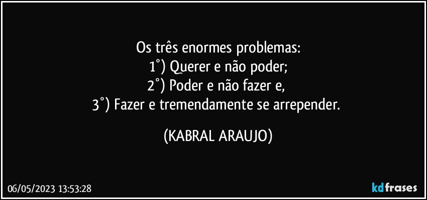 Os três enormes problemas:
1°) Querer e não poder;
2°) Poder e não fazer e, 
3°) Fazer e tremendamente se arrepender. (KABRAL ARAUJO)