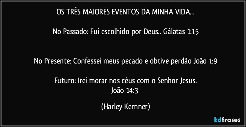 OS TRÊS MAIORES EVENTOS DA MINHA VIDA...
 
No Passado: Fui escolhido por Deus.. Gálatas 1:15
​
 
No Presente: Confessei meus pecado e obtive perdão João 1:9
​
Futuro: Irei morar nos céus com o Senhor Jesus.
João 14:3 (Harley Kernner)