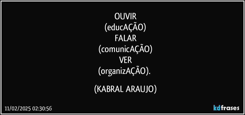 OUVIR
(educAÇÃO)
FALAR
(comunicAÇÃO)
VER
(organizAÇÃO). (KABRAL ARAUJO)