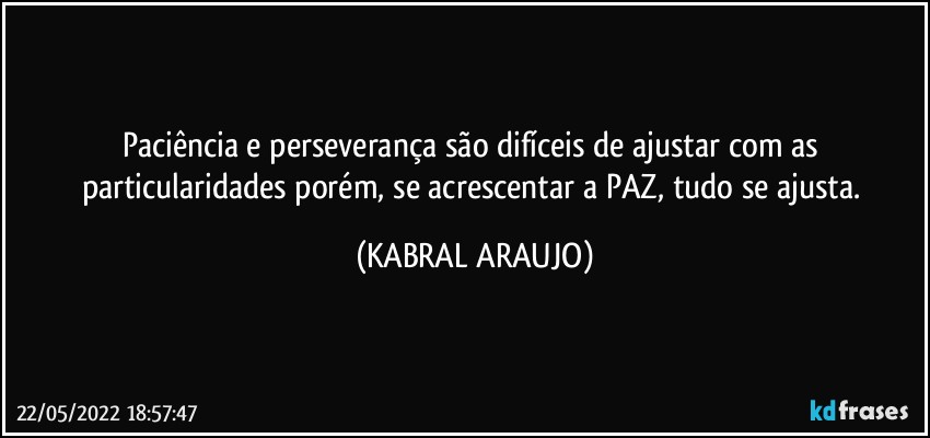 Paciência e perseverança são difíceis de ajustar com as particularidades porém, se acrescentar a PAZ, tudo se ajusta. (KABRAL ARAUJO)