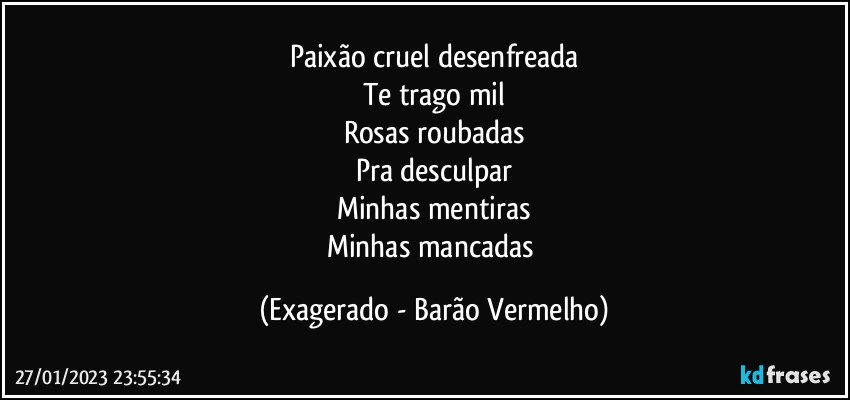 Paixão cruel desenfreada
Te trago mil
Rosas roubadas
Pra desculpar
Minhas mentiras
Minhas mancadas (Exagerado - Barão Vermelho)