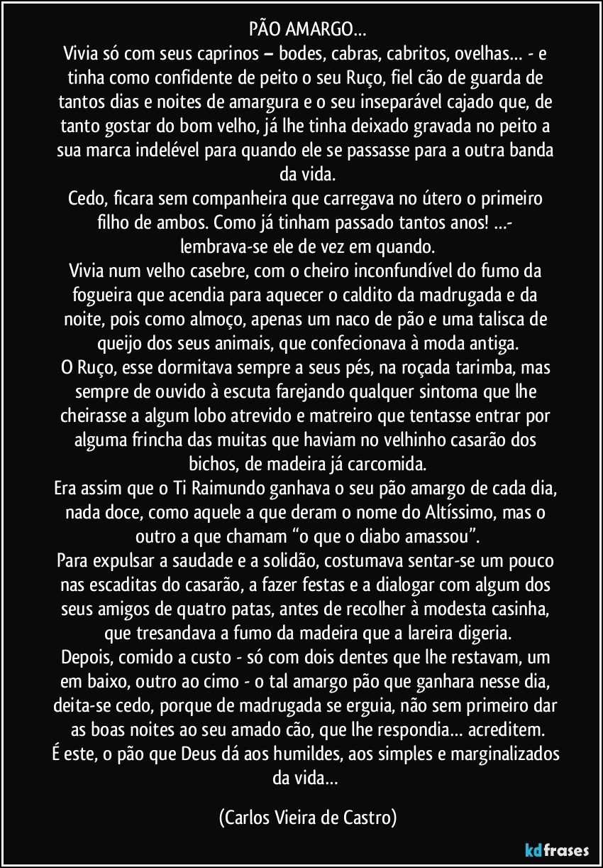 PÃO AMARGO…
Vivia só com seus caprinos – bodes, cabras, cabritos, ovelhas… - e tinha como confidente de peito o seu Ruço, fiel cão de guarda de tantos dias e noites de amargura e o seu inseparável cajado que, de tanto gostar do bom velho, já lhe tinha deixado gravada no peito a sua marca indelével para quando ele se passasse para a outra banda da vida.
Cedo, ficara sem companheira que carregava no útero o primeiro filho de ambos. Como já tinham passado tantos anos! …- lembrava-se ele de vez em quando.
Vivia num velho casebre, com o cheiro inconfundível do fumo da fogueira que acendia para aquecer o caldito da madrugada e da noite, pois como almoço, apenas um naco de pão e uma talisca de queijo dos seus animais, que confecionava à moda antiga.
O Ruço, esse dormitava sempre a seus pés, na roçada tarimba, mas sempre de ouvido à escuta farejando qualquer sintoma que lhe cheirasse a algum lobo atrevido e matreiro que tentasse entrar por alguma frincha das muitas que haviam no velhinho casarão dos bichos, de madeira já carcomida.
Era assim que o Ti Raimundo ganhava o seu pão amargo de cada dia, nada doce, como aquele a que deram o nome do Altíssimo, mas o outro a que chamam “o que o diabo amassou”.
Para expulsar a saudade e a solidão, costumava sentar-se um pouco nas escaditas do casarão, a fazer festas e a dialogar com algum dos seus amigos de quatro patas, antes de recolher à modesta casinha, que tresandava a fumo da madeira que a lareira digeria.
Depois, comido a custo - só com dois dentes que lhe restavam, um em baixo, outro ao cimo - o tal amargo pão que ganhara nesse dia, deita-se cedo, porque de madrugada se erguia, não sem primeiro dar as boas noites ao seu amado cão, que lhe respondia… acreditem.
É este, o pão que Deus dá aos humildes, aos simples e marginalizados da vida… (Carlos Vieira de Castro)
