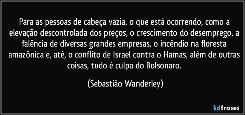 Para as pessoas de cabeça vazia, o que está ocorrendo, como a elevação descontrolada dos preços, o crescimento do desemprego, a falência de diversas grandes empresas, o incêndio na floresta amazônica e, até, o conflito de Israel contra o Hamas, além de outras coisas, tudo é culpa do Bolsonaro. (Sebastião Wanderley)