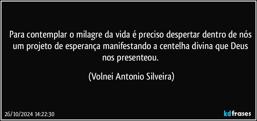 Para contemplar o milagre da vida é preciso despertar dentro de nós um projeto de esperança manifestando a centelha divina que Deus nos presenteou. (Volnei Antonio Silveira)