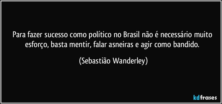 Para fazer sucesso como político no Brasil não é necessário muito esforço, basta mentir, falar asneiras e agir como bandido. (Sebastião Wanderley)