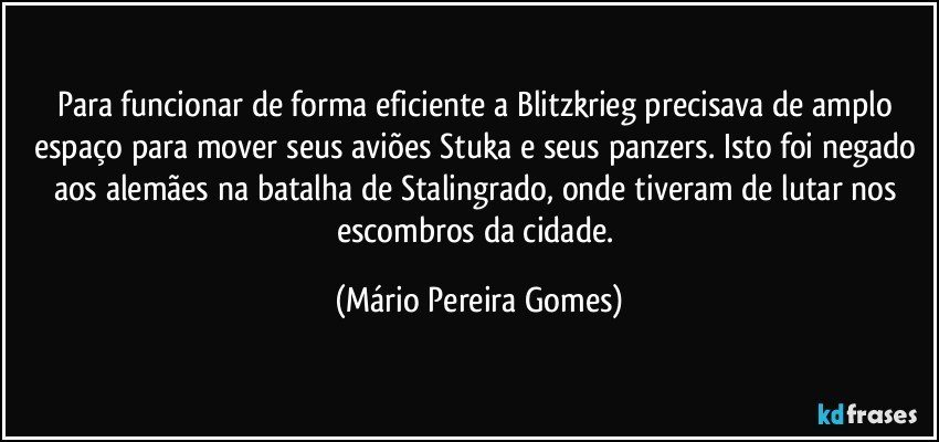 Para funcionar de forma eficiente a Blitzkrieg precisava de amplo espaço para mover seus aviões Stuka e seus panzers. Isto foi negado aos alemães na batalha de Stalingrado, onde tiveram de lutar nos escombros da cidade. (Mário Pereira Gomes)