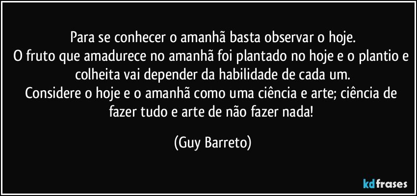 Para se conhecer o amanhã basta observar o hoje.
O fruto que amadurece no amanhã foi plantado no hoje e o plantio e colheita vai depender da habilidade de cada um.
Considere o hoje e o amanhã como uma ciência e arte; ciência de fazer tudo e arte de não fazer nada! (Guy Barreto)