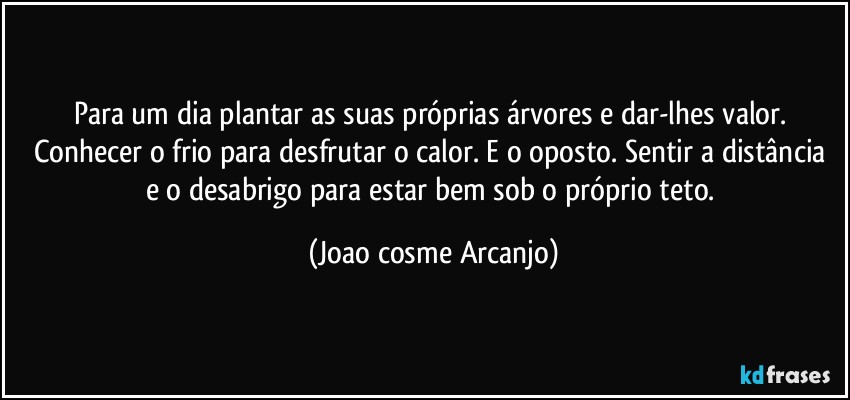 Para um dia plantar as suas próprias árvores e dar-lhes valor. Conhecer o frio para desfrutar o calor. E o oposto. Sentir a distância e o desabrigo para estar bem sob o próprio teto. (Joao cosme Arcanjo)