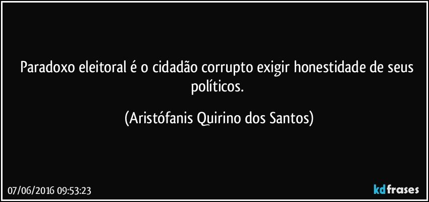 Paradoxo eleitoral é o cidadão corrupto exigir honestidade de seus políticos. (Aristófanis Quirino dos Santos)