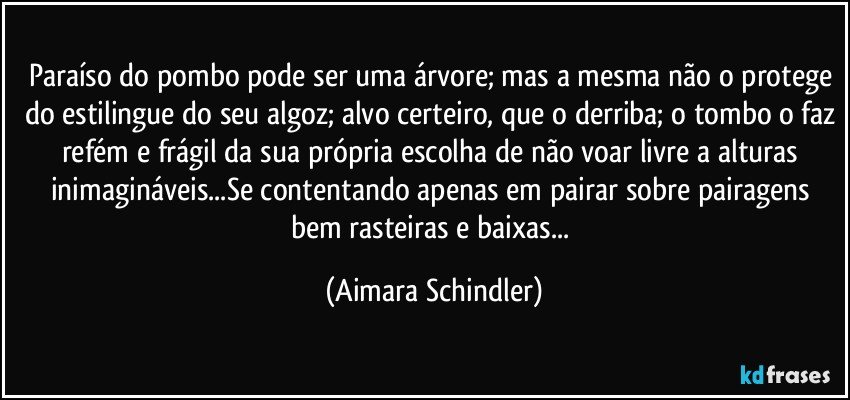 Paraíso do pombo pode ser uma árvore; mas a mesma não o protege do estilingue do seu algoz; alvo certeiro, que o derriba; o tombo o faz refém e frágil da sua própria escolha de não voar livre a alturas inimagináveis...Se contentando apenas em pairar sobre pairagens bem rasteiras e baixas... (Aimara Schindler)