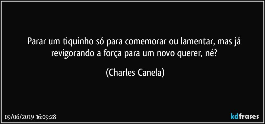 Parar um tiquinho só para comemorar ou lamentar, mas já revigorando a força para um novo querer, né? (Charles Canela)