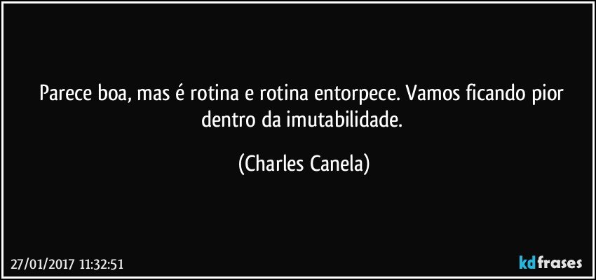 Parece boa, mas é rotina e rotina entorpece. Vamos ficando pior dentro da imutabilidade. (Charles Canela)