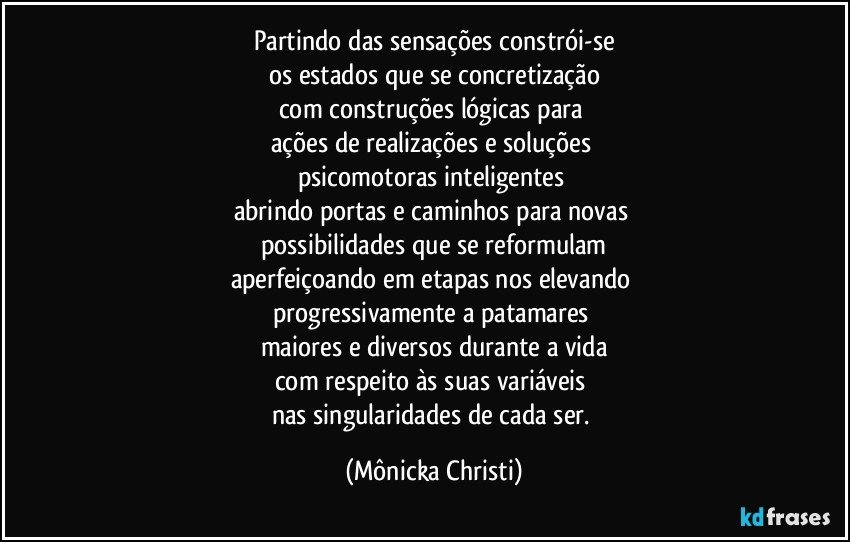 Partindo das sensações constrói-se
os estados que se concretização
com construções lógicas para 
ações de realizações e soluções 
psicomotoras inteligentes 
abrindo portas e caminhos para novas 
possibilidades que se reformulam
aperfeiçoando em etapas nos elevando 
progressivamente a patamares 
maiores e diversos durante a vida
com respeito às suas variáveis 
nas singularidades de cada ser. (Mônicka Christi)