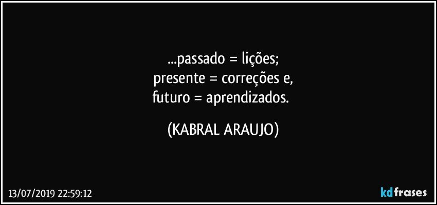 ...passado = lições;
presente = correções e,
futuro = aprendizados. (KABRAL ARAUJO)