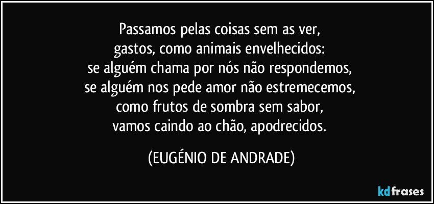 Passamos pelas coisas sem as ver, 
gastos, como animais envelhecidos: 
se alguém chama por nós não respondemos, 
se alguém nos pede amor não estremecemos, 
como frutos de sombra sem sabor, 
vamos caindo ao chão, apodrecidos. (EUGÉNIO DE ANDRADE)