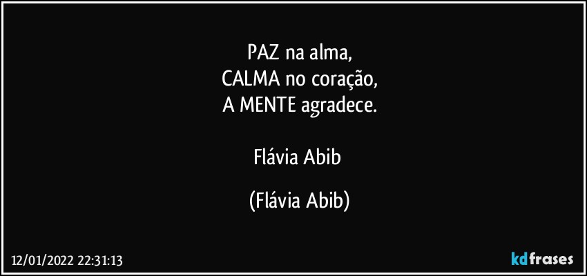 PAZ na alma,
CALMA no coração,
A MENTE agradece.

Flávia Abib (Flávia Abib)