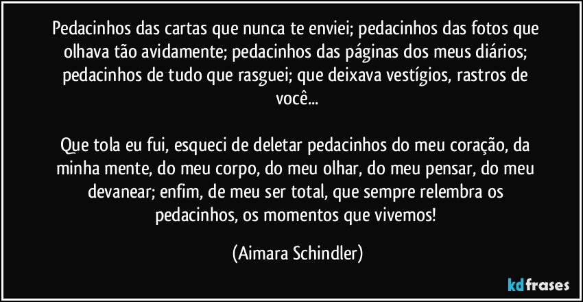 Pedacinhos das cartas que nunca te enviei; pedacinhos das fotos que olhava tão avidamente; pedacinhos das páginas dos meus diários; pedacinhos de tudo que rasguei; que deixava vestígios, rastros de você...

Que tola eu fui, esqueci de deletar pedacinhos do meu coração, da minha mente, do meu corpo, do meu olhar, do meu pensar, do meu devanear; enfim, de meu ser total, que sempre relembra os pedacinhos,  os momentos que vivemos! (Aimara Schindler)