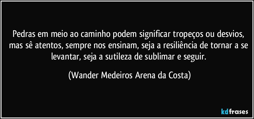 Pedras em meio ao caminho podem significar tropeços ou desvios, mas sê atentos, sempre nos ensinam, seja a resiliência de tornar a se levantar, seja a sutileza de sublimar e seguir. (Wander Medeiros Arena da Costa)