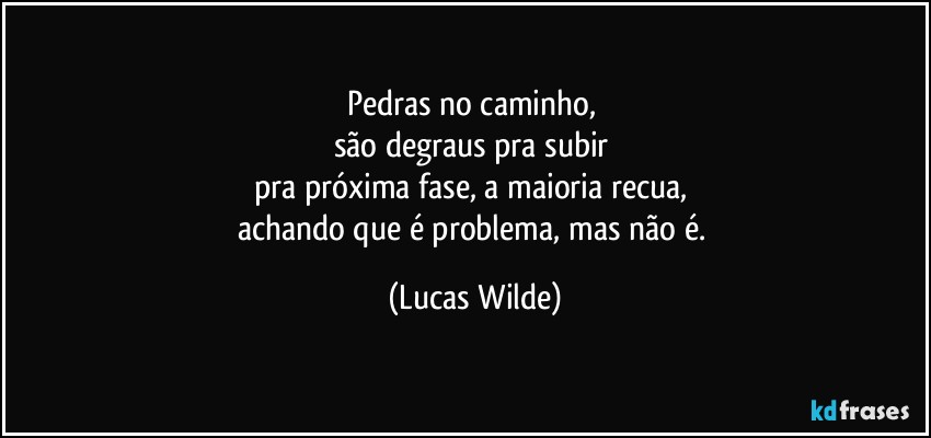 Pedras no caminho, 
são degraus pra subir 
pra próxima fase, a maioria recua, 
achando que é problema, mas não é. (Lucas Wilde)